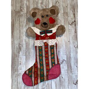 Vintage Handmade Teddy Bear Christmas Hanging Stocking w/ Festive Pattern & Bow